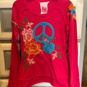 Vibrant Red Floral Embroidered Long Sleeve Top